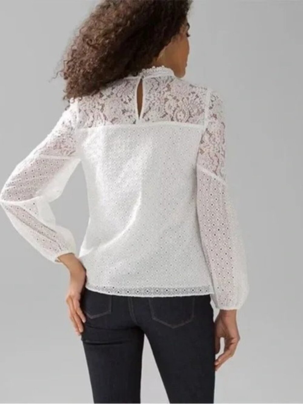 White House Black Market Lace Blouse sz 12 Mock Neck Ruffle Feminine Top - Picture 2 of 10